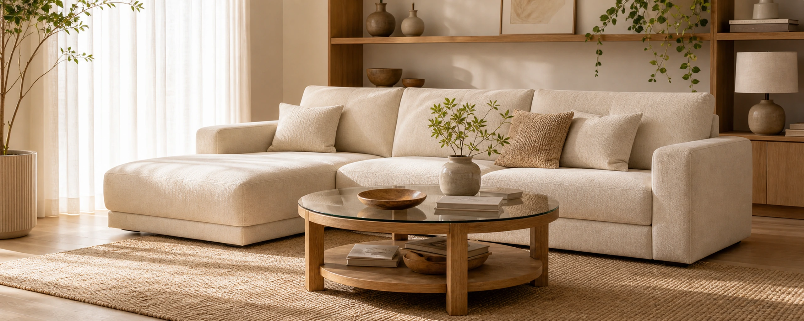 Sala aconchegante com sofá claro e mesa de centro
